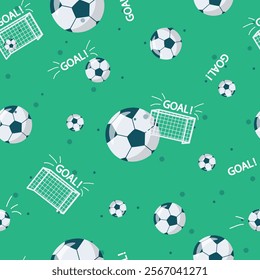 Sport themed seamless pattern with footballs, nets, goal on green background. Vector illustration for fabrics, wrapping paper, school supplies.