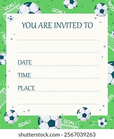 Sport themed template with footballs, nets, goal and copy space on green backgorund. Vector illustration for invitation, card, print.