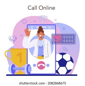 Sport therapy online service or platform. People doing sport exercise with an instructor. Characters practicing physiotherapy. Online call. Vector illustration