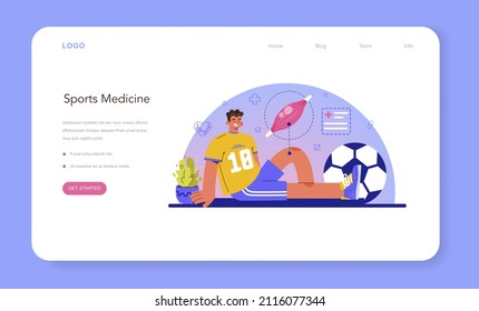 Sport therapy web banner or landing page. People doing sport exercise in gym with an instructor. Characters practicing physiotherapy with a therapist. Flat vector illustration