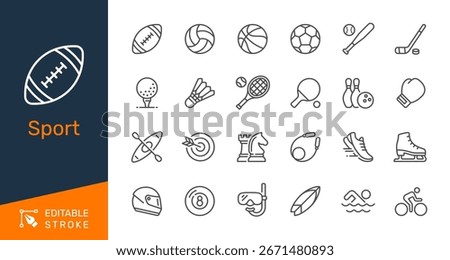 Sport thin line icon collection for games, activities, exercise and competition concept. Editable stroke. Pixel perfect.