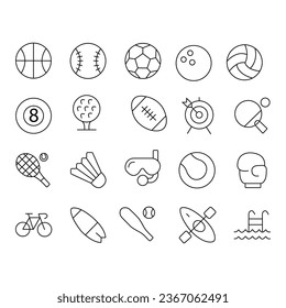 SPORT - juego de iconos de vector de línea delgada. Pixel perfecto. El conjunto contiene iconos: Golf, Natación, Fútbol Americano, Tenis, Hockey sobre Hielo.  Fútbol, boxeo, baloncesto,