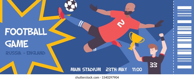 Sport ticket design composition with flat characters of football national team players editable text and barcode vector illustration