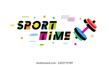 Sport time creative concept with colored dumbbell and memphis background. Vector illustration for fit gym sport design or bodybuilder symbol