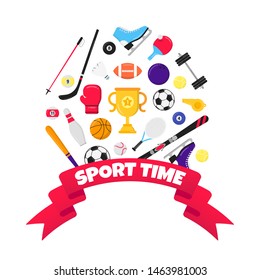 Sport time flat style design equipment poster vector illustration  with balls - soccer, football, basketball. Cup goblet tennis and ping pong racket,  big red ribbon and text space isolated on white.