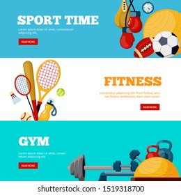 Sport time flat web banners vector templates set. Fitness club, gym advertisements layouts pack. Workout center promotion cartoon concepts. Athletic equipment illustrations with text space