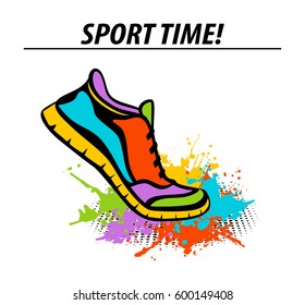 Sport time motivational colorful banner with sport running fitness sneaker in start position stepping into paint splatter