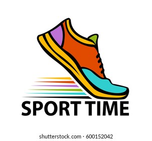 Sport time motivational colorful banner with sport running fitness sneaker in start position