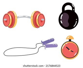 Sport timer stopwatch skipping rope weight barbell isolated set tool concept. Vector flat cartoon graphic design illustration