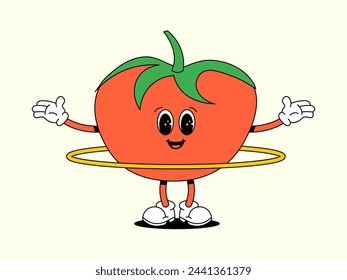 Sport tomato with hula hoop. Red groove vegetable. Character of Healthy food. Retro Vector illustration