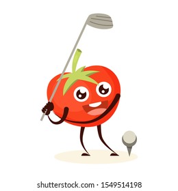 Sport tomato playing golf. Vegetable with face, happy character. Funny tomato. Isolated flat vector illustration