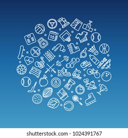 Sport tools line icons in circle design. Trendy outline fitness white logo. Vector illustration