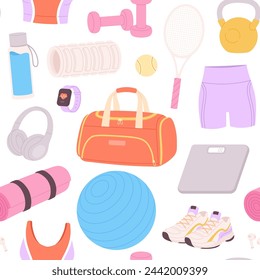 Sport tools seamless pattern. Workout elements, athletic style printable design for fabric, wrapping, banners. Clothes, shoes, accessories racy vector background