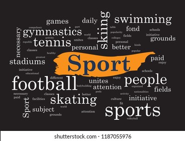 Sport topic Collage of words on black background Vector illustration