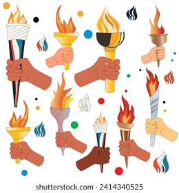 sport, torch with fire, sports torch, fire, olive branch, rings. use it for posts and stories, for the design of sports competitions