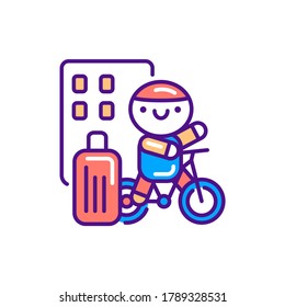 Sport tourism line color icon. Cute character riding a bike kawaii pictogram. Sign for web page, mobile app, button, logo. Vector isolated element. Editable stroke