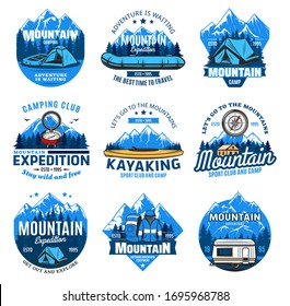 Sport tourism and outdoor travel, mountain camping and hiking club vector icons. Mountain expedition, river rafting and kayaking club signs, camp tourism equipment compass, RV car and backpack