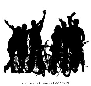 Sport tourist company friends on bicycles waving hands say hello. Silhouette biker people, mountain bike crew. Friendship leisure, summer, group of friends on city street and waving hands say good bye