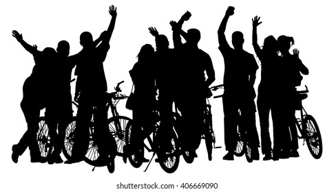 Sport tourist company friends on bicycles . Silhouette people, mountainbike, backpacks, helmets. Friendship, leisure, summer,  group of smiling friends on city street and waving hands. Biker crew.