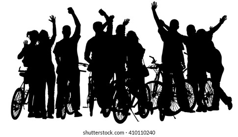 Sport Tourist Company Friends On Bicycles Waving Hands Say Hello. Silhouette Biker People, Mountain Bike Crew. Friendship, Leisure, Summer, Group Of Smiling Friends On City Street And Waving Hands.