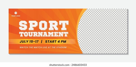 Sport tournament event banner template design orange sunburst background