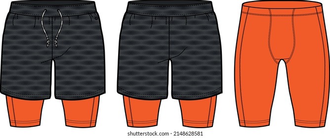 Sport track Shorts with compression tights design vector template, trail shorts concept with front and back view for Soccer, football, badminton and running active wear Belay shorts design.