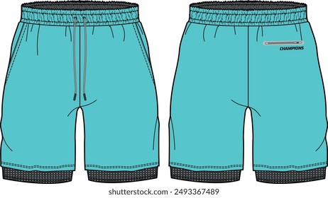 Versiones cortas de pista deportiva con mallas de compresión diseño Plantilla de Vector, concepto de shorts de baloncesto con vista frontal y posterior para fútbol, bádminton y running desgaste activo diseño de shorts de trail de doble capa