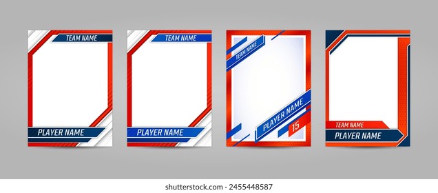 Sport trading card template. Isolated 3d vector cards featuring athlete or team names and place for images, allow fans to trade, collect, and play games based on their favorite sports and players