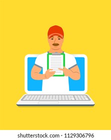 Sport trainer online concept. Vector flat illustration. Mature man gym instructor holds a clipboard with training program. Weight loss fitness plan using computer. Healthy lifestyle support by web