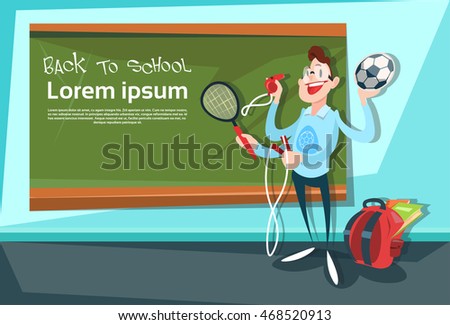 Sport Trainer Over Class Board Back To School Education Banner Flat Vector Illustration