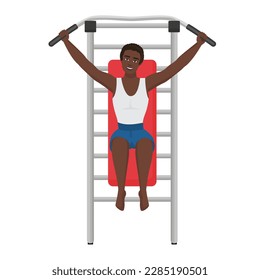 Sport trainer use gym equipment. Fitness workout training coach vector cartoon illustration