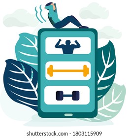 Aplicación de entrenamiento deportivo para ilustraciones vectoriales de personas. Caricatura de pequeño personaje deportivo plano hacer ejercicios deportivos, usar aplicación virtual de entrenador. Diseño de interfaz de sitio web de entrenamiento inteligente