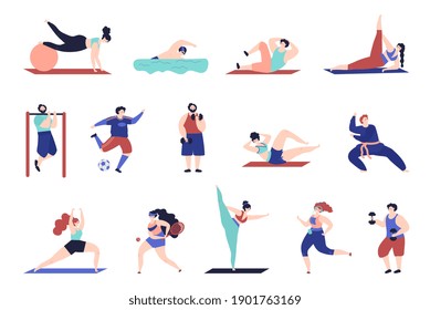 Sport training characters. Gymnastics person, isolated people workout. Girl boy jump, doing exercises and fitness in gym decent vector set