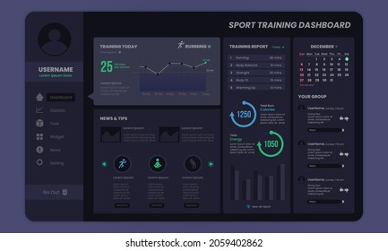 Sport training dashboard design with dark mode template