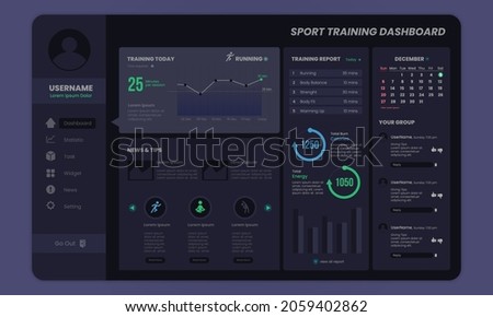 Sport training dashboard design with dark mode template