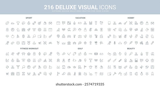 Sport training and fitness workout, beauty cosmetics, travel and tourism line icon set. Hobby and reading, shopping, attractions and vacation tour thin black outline symbols vector illustration