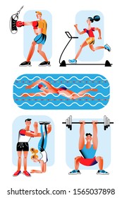 Sport training flat illustrations set. Sportsman swimming, boxing, weight lifting cartoon characters pack. Fitness club isolated design elements. Gym equipment and exercising tools. Healthy lifestyle