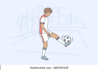 Sport, training, game, football, activity concept. Young happy smiling african american boy child kid soccer player kicking ball on field. Active summer recreation or lifestyle and hobby illustration.