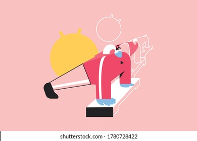 Sport, training, health, fitness, childhood, care concept. Young children kids boys girls characters doing plank exercise push ups with step platforms in gym. Healthy lifestyle workout or recreation.