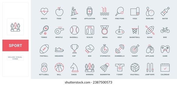 Sport training, hobby thin black and red line icons set vector illustration. Outline symbols of gym equipment, balls for basketball and football, volleyball and baseball, kayaking and yoga collection