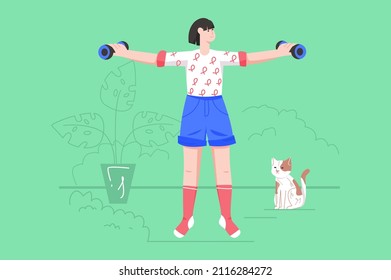 Sport training at home modern flat concept. Woman does morning exercises with dumbbells. Young girl doing strength training outdoors. Vector illustration with people scene for web banner design