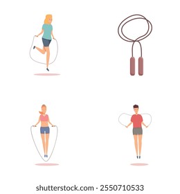 Sport training icons set cartoon vector. Young people jumping rope. Physical activity