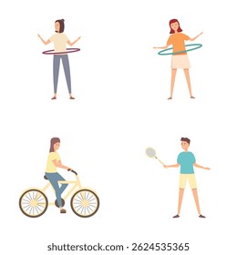 Sport training icons set cartoon vector. Teenager doing physical exercise. Fitness or physical training