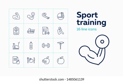 Sport training icons. Set of line icons on white background. Bodybuilding, sport nutrition, dieting. Fitness concept. Vector can be used for topics like sport, healthcare, healthy lifestyle