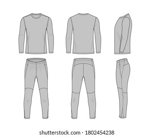 Sport training leg slim pants  and jumper flat technical template for your design. Front? back and side veiw. Vector illustration