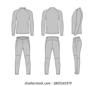 Sport Training Leg Slim Trousers  And Long Sleeve T-shirt Flat Technical Template For Your Design. Front, Back And Side View. Vector Illustration