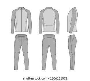 Sport training leg slim trousers  and long sleeve jacket flat technical template for your design. Front, back and side view. Vector illustration