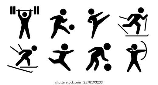 Sport training man body icon set. Sports athlete stick figure collection. Sportsman activity vector illustration. Gym exercise symbol. Championship or tournament contest sign. Athletic person concept.