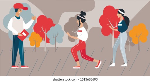 Sport Training Outdoors in Park, Healthy Lifestyle. Two Happy Girls in Sports Uniform Do Exercises, Squat. Coach, Guy in Cap and Magazine Smiles, Controls and Praises. Outside Fun Time