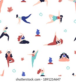 Sport training in park. Flat fitness woman, outdoor yoga exercises characters. Summer lifestyle, decent activities vector seamless pattern